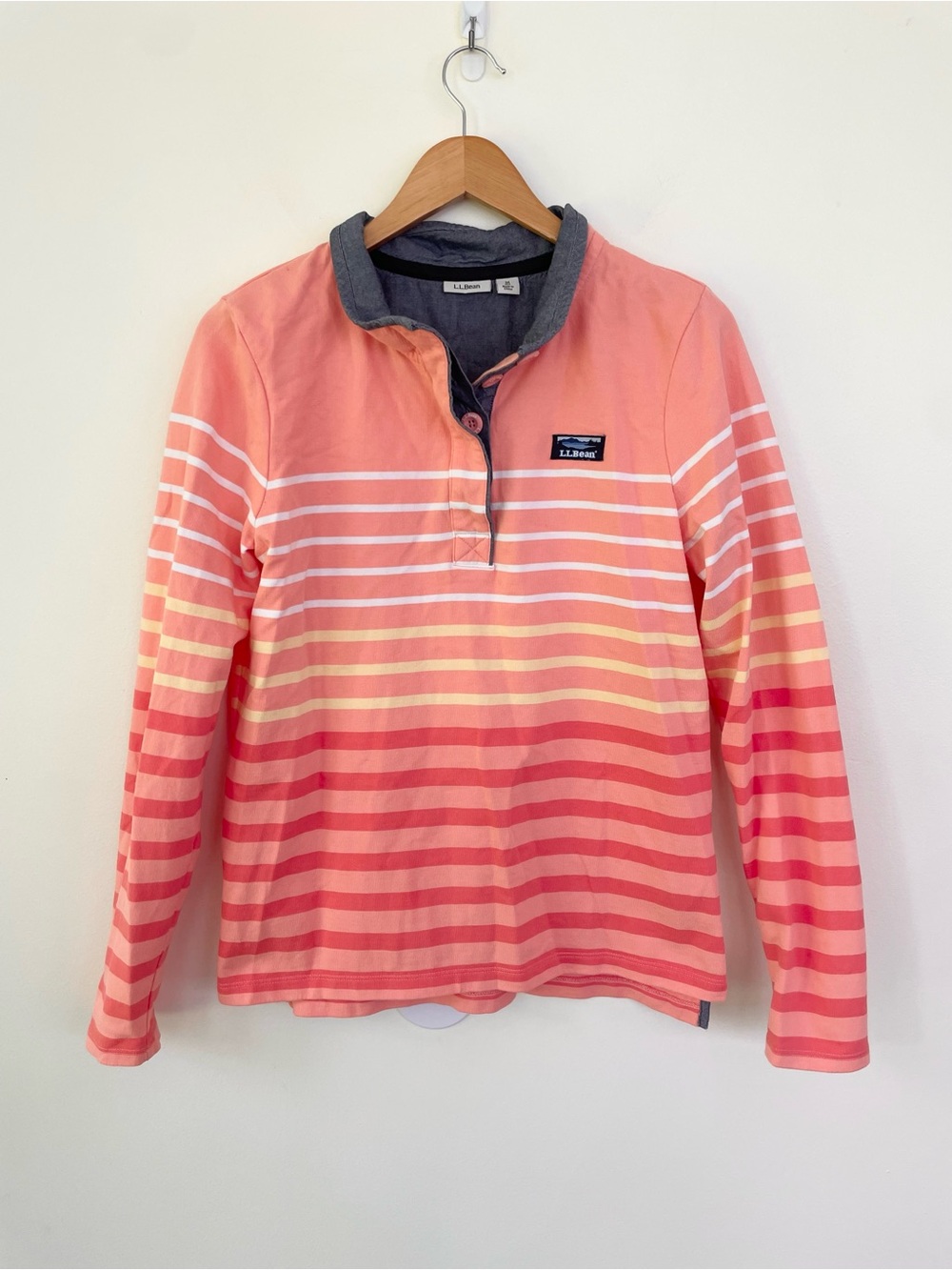 LL Bean Peaks Island Button Mockneck in Orange Stripe M Medium Cotton Gorpcore